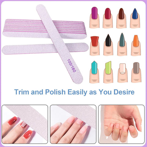 All In One Nail File And Buffer Kit Pack Of 16 With Pink Buffer Blocks Gray Emery Boards Green White Shine Buffers And 7 Way Buffers 100 180 Grit For Natural Nails Pro Grade Mani Pedi Essentials, shown with nail polish colors and usage instructions.