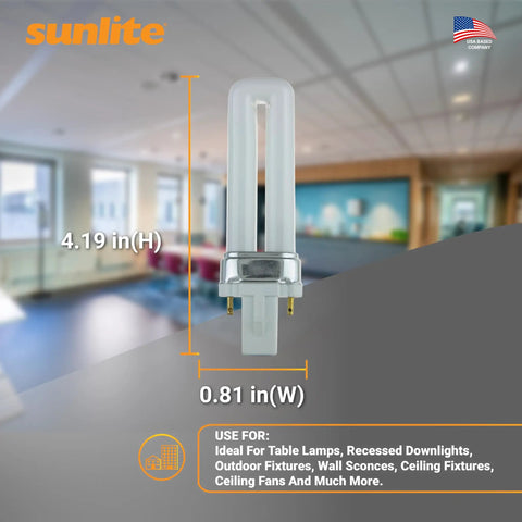 U Shaped Plug In Fluorescent Lamp 7 Watt 360 Lumens 2700K Soft White Two Pin Base G23 Compact Lighting with dimensions displayed