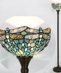 Sea Blue Tiffany Dragonfly Floor Lamp With 71 Inch Pole Torchiere And 12 Inch Shade Stained Glass Uplight For Your Bedroom And Living Room Cozy Vibe Antique Bronze Base Corner Accent UL Listed LED Compatible, close-up of dragonfly design on shade