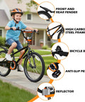 Boy riding 20 Inch BMX Style Kid Friendly Bike For Boys And Girls Ages 4 To 12 with fenders, training wheels, and dual braking system.