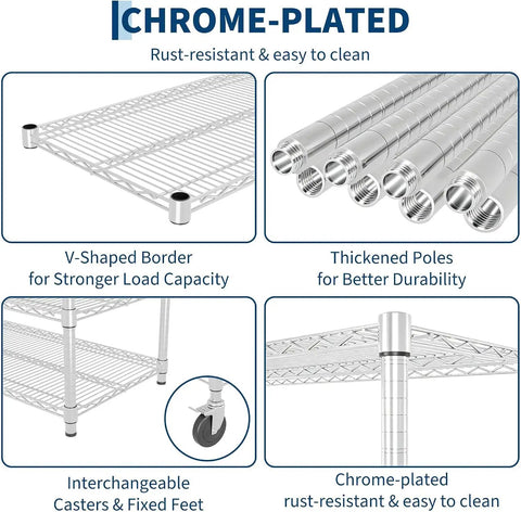 Chrome-plated Heavy Duty 5 Tier Rolling Metal Wire Storage Rack With Smooth Gliding Casters showcasing rust-resistant features.
