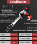 Specification chart for Heavy Duty Electric Concrete Saw Wall Groove Cutter With Dual Diamond Chains And Built In Water Pump 360 Degree Masonry Routing.