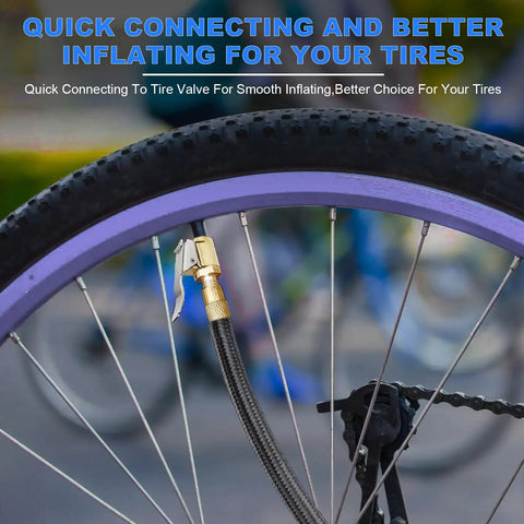 Locking Tire Air Chuck Set With Brass Inflation Hose Adapter connected to bicycle tire for quick secure inflation