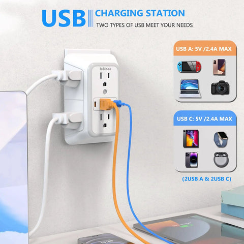 Heavy Duty 6 Outlet Splitter Surge Protector With 4 Usb Ports And Dual Type C Plug And Play Wall Expander Power Strip in use.
