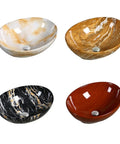 Four bathroom vessel sink hotel ceramic above counter basins in marble design, varied colors and textures for elegant wash basin.