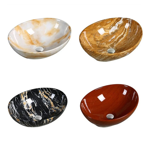 Four bathroom vessel sink hotel ceramic above counter basins in marble design, varied colors and textures for elegant wash basin.