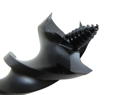 Close-up of Tri Cut Three Quarter Inch By Seven And One Half Inch Ultra Smooth Beast At Hole Drilling Auger Bit tip, carbon steel