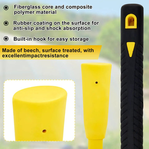 36 Inch Heavy Duty Fiberglass Pickaxe Handle Replacement With Soft Grip, close-up of yellow tip and black handle grip