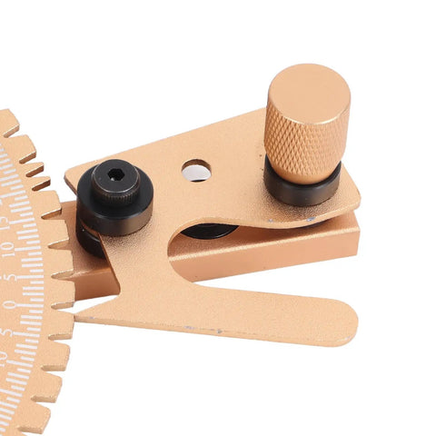 Detail of the Heavy Duty Aluminum Miter Gauge With Integrated Track Stop and Etched Scale Ruler for precise angle adjustments.