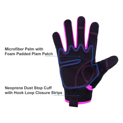 All Purpose Work Gloves For Men And Women, Touchscreen Ready, black glove with padded knuckles and pink accents, palm view.