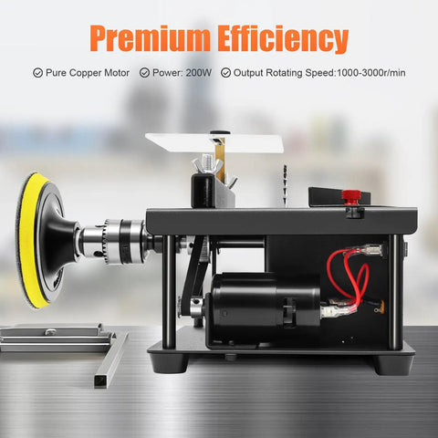 High Torque Mini Table Saw With A Rock Solid Sliding Cutting Bed And Quick Angle Adjustments, 200W motor, 3000 RPM, compact design.