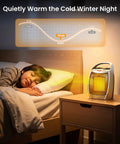 1500W Portable Ceramic Space Heater for indoor use on bedside table, child sleeping quietly under 45dB, features thermostat adjustable