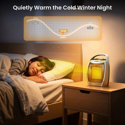 1500W Portable Ceramic Space Heater for indoor use on bedside table, child sleeping quietly under 45dB, features thermostat adjustable