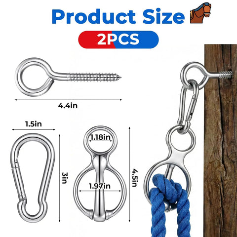 Two Pack Magnetic Horse Tie Ring Set With Stainless Steel Rings, Eye Bolt, And Quick Snap showing sizes and components