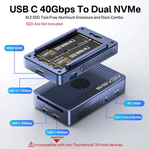 Game Changer Dual Bay Nvme Ssd Enclosure Dock With 40gbps Thunderbolt 4 Usb C Ports and built-in cooling fan view.