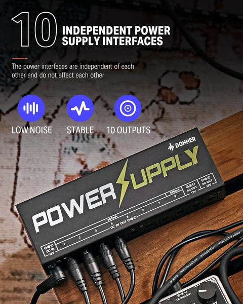 DP-1 Guitar Pedal Power Supply With 10 Isolated Outputs for 9V 12V and 18V Effects Noise Reduction Circuit Lightweight Aluminum Housing Perfect Pedalboard Hub for Studio and Live Gigs, black metal unit with cables