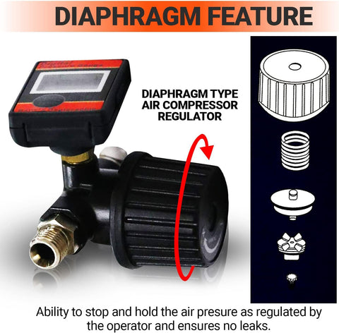 Pro Grade Digital Air Pressure Regulator With One Quarter Inch NPT Diaphragm Airflow Valve Up To 160 PSI Digital Gauge illustration