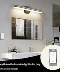 Smart 12V To 24V Dimmer Switch With Remote And Alexa Voice Control For LED Strip Lights RV Interior Fixtures mounted beside a mirror in a modern bathroom.