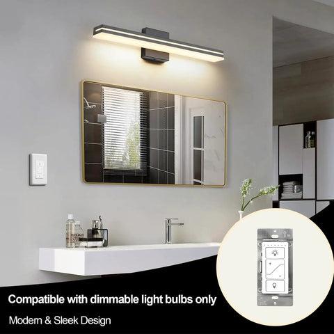 Smart 12V To 24V Dimmer Switch With Remote And Alexa Voice Control For LED Strip Lights RV Interior Fixtures mounted beside a mirror in a modern bathroom.