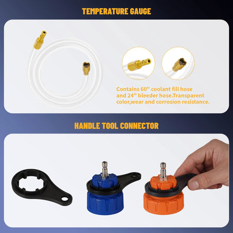 Front view of Universal 28pc radiator pressure tester kit with blue and orange handle adapters and white hoses.