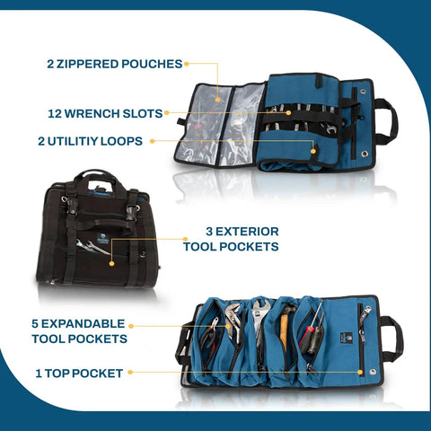 Open Titan23-XL Tool Roll And Organizer For Electricians, HVAC Techs, Plumbers, Carpenters And Auto Mechanics displaying pockets