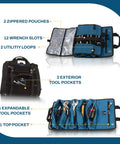 Titan23XL Tool Roll And Organizer Bag With 23 Pockets Wrench Roll Canvas Tool Pouch showing pockets and sections open.