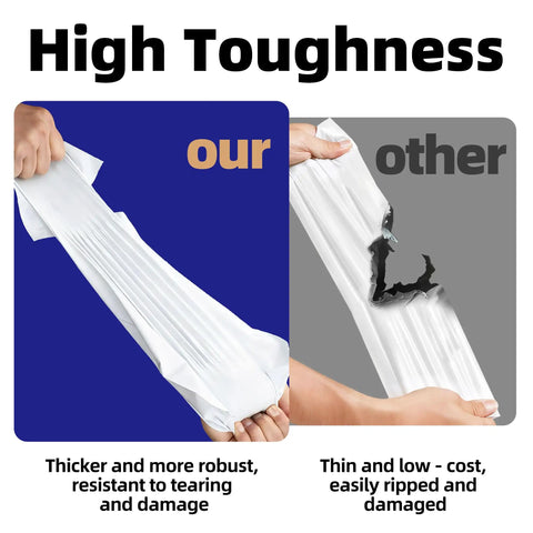 Comparison of 100 Pack 10x13 Poly Mailers For Ecommerce Shipping Waterproof Tear Resistant Self Seal Bags and a lesser product showing tearing.