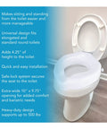 Raised Toilet Seat With Extra Wide Opening Adds 4.25 Inches Of Height For Seniors And Handicap No Tools Required Easy Install Riser White Safe Lock System Supports Up To 300 Pounds shown on an elongated toilet with details