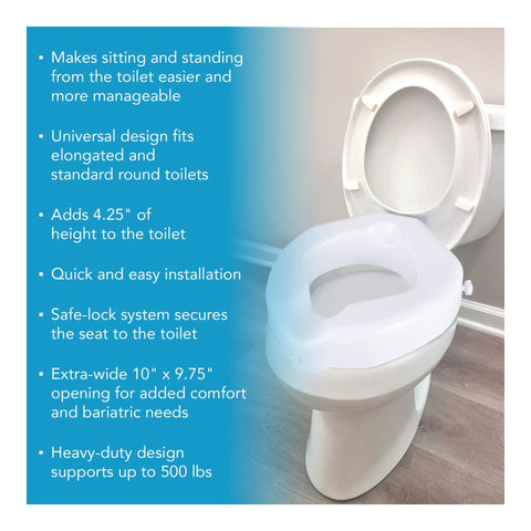 Raised Toilet Seat With Extra Wide Opening Adds 4.25 Inches Of Height For Seniors And Handicap No Tools Required Easy Install Riser White Safe Lock System Supports Up To 300 Pounds shown on an elongated toilet with details