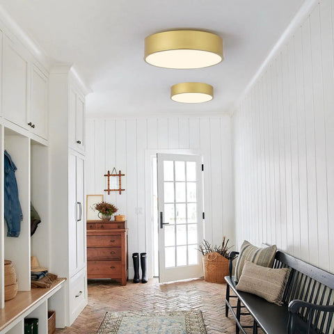 Ultra Sleek Gold Flush Mount Ceiling Light With White Acrylic Shade Contemporary 3 Light Round Fixture For Hallway