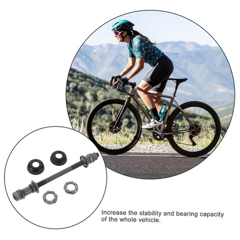 Sleek grey Beefy Heavy Duty Solid Rear Axle Kit for mountain bikes, shown with cyclist and axle components, 185 mm universal fit.