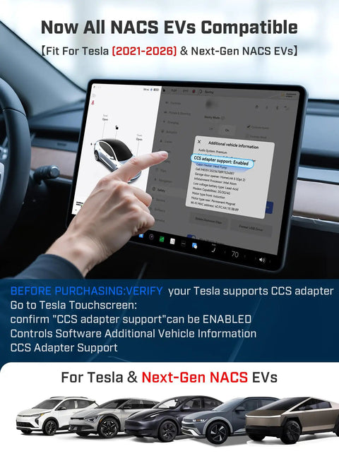 User interface showing CCS adapter support for Tesla vehicles, compatible with Upgraded Ccs To Tesla Charging Adapter Drops In Seamless 250Kw Level 3 Dc Fast Charge Nacs Ready Fits Your Tesla Model Y Cybertruck Or Kia Ioniq 5 Rig Straight Up Super Durable Daily Driver Essential.