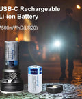 Eight Pack Rechargeable D Batteries With USB Charging Cable, long lasting 1.5V 7500mWh D size power, shown with flashlight