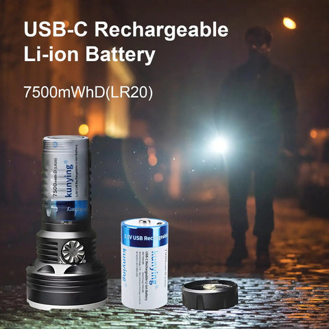 Eight Pack Rechargeable D Batteries With USB Charging Cable, long lasting 1.5V 7500mWh D size power, shown with flashlight