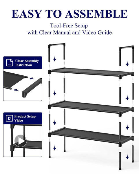 Easy assembly guide for Three Tier Shoe Organizer Rack For Closet Entryway And Bedroom With Wide Shelves Durable Black