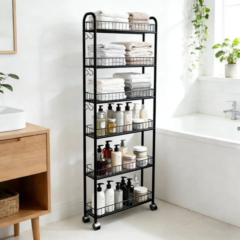 Space Saving 6 Inch Slim Rolling Storage Cart With Wheels, 6 Tier Narrow Space Metal Wire Shelving Unit near bathroom sink