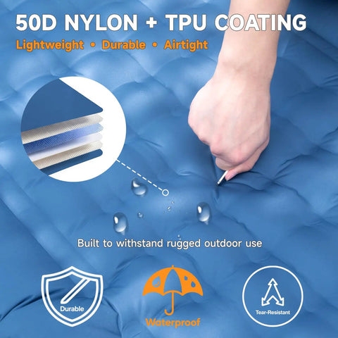 Ultralight Camping Sleeping Pad With Built In Pillow And Foot Pump 5 Inch Thick Inflatable Mat material close-up