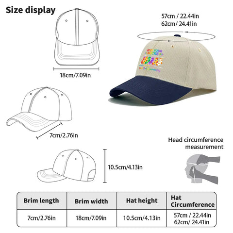 Lightweight Adjustable Womens Cap For World Down Syndrome Day Awareness with size measurements and design details
