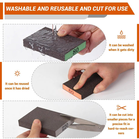 12 Pack Sanding Block With 60 80 120 220 Grit Sanding Sponges washable and reusable, shown in hand and being cut.