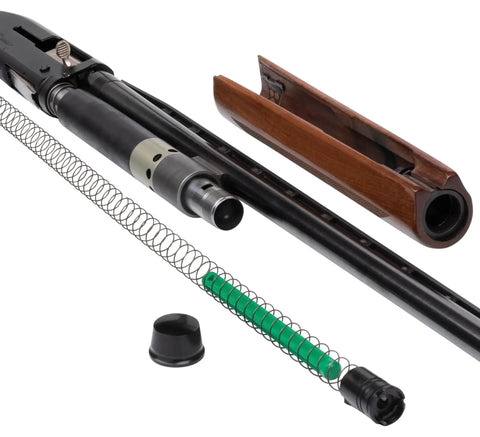 Universal Shotgun Plug For Semi Auto And Pump Action Shotguns Keeps Magazine Size At Legal Huntin Capacity Installs Quickly And Fits Most 12 Gauge Shotguns Green with disassembled parts.