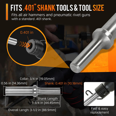 Details of 3/16 Inch Rivet Set For Pneumatic Air Hammer With .401 Shank dimensions and fast replacement features