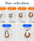 Size selection chart featuring casters with various diameters and load capacities, including 4 Inch Rigid 304 Stainless Steel Caster Set of 2 for industrial use.