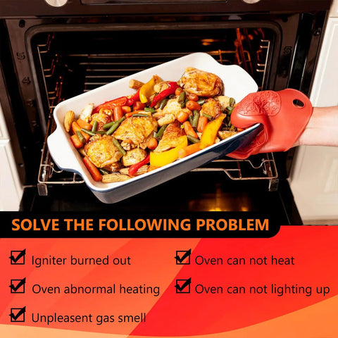 Person removing baked dish from oven, text overlay addresses issues a Furnace Igniter Replacement 62-22868-93 can solve.