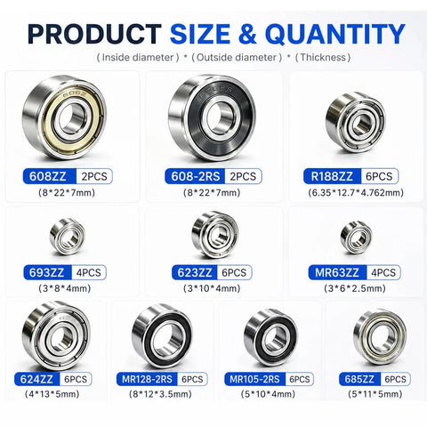 52 Piece Miniature Deep Groove Ball Bearing Kit With 10 Size Range Includes 608ZZ 608RS R188ZZ 624ZZ 693ZZ 685ZZ 623ZZ MR105RS MR128RS MR63RS