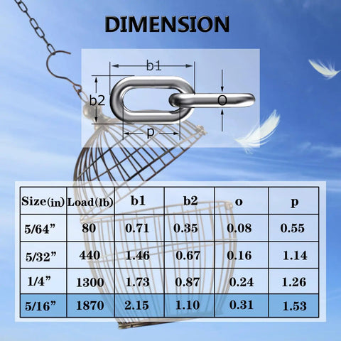 Dimensions of link from Heavy Duty 5/16 Inch 304 Stainless Steel Link Chain For Towing And Trailer Safety, size chart shown
