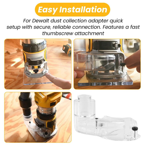 DNP615 Clear Router Dust Collection Adapter for Fixed Base Routers Compatible with DWP611 and DWP611PK See Through Design in Use