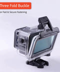 Waterproof Action Camera Housing With Transparent Touch Screen For Osmo Action 3 4 And 5 Pro with three fold buckle fastening.