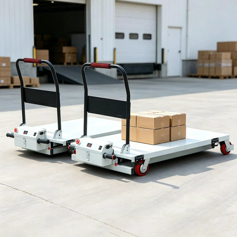 Heavy Duty Electric Scissor Lift Table With Hydraulic Cart For Flatbed Truck Moving, featuring two platforms with boxes for cargo handling.