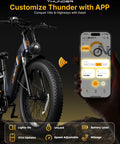 App control interface for 1800W Peak Fat Tire Electric Bike For Adults With 26x4 Inch Tires beside the front wheel