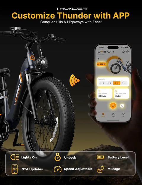 App control interface for 1800W Peak Fat Tire Electric Bike For Adults With 26x4 Inch Tires beside the front wheel